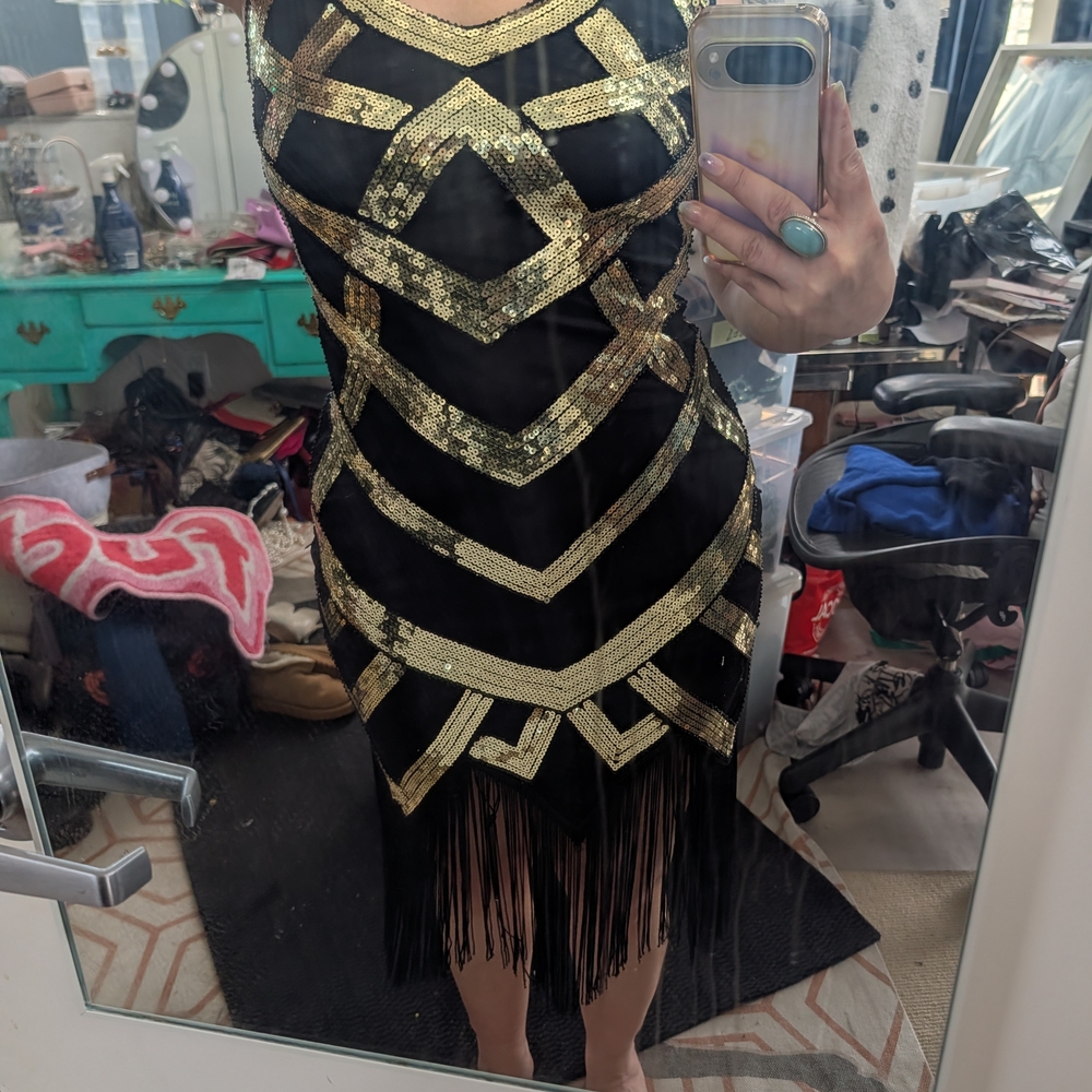 Glamorous Black and Gold Fringe Mini Dress - Picture 4 of 14